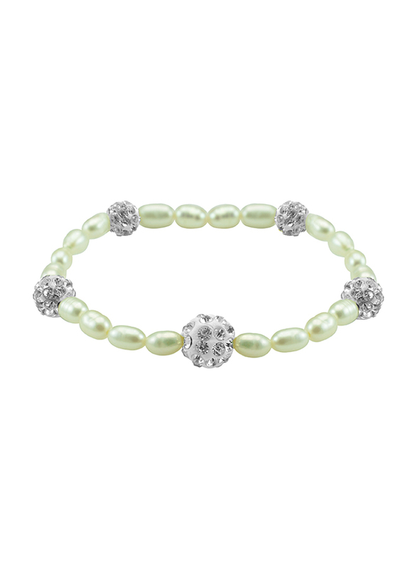 Vera Perla Strand Elastic Beaded Bracelet for Women with Built-in Gradual Crystal Ball & Pearls, White
