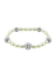 Vera Perla Strand Elastic Beaded Bracelet for Women with Built-in Gradual Crystal Ball & Pearls, White