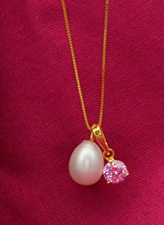 Vera Perla 18K Solid Yellow Gold Necklace for Women, with Zircon and 7 mm Pearl Stone Pendant, Light Pink/Gold/White