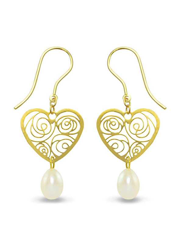 Vera Perla 18K Solid Yellow Gold Heart Dangle Earrings for Women, with 7mm Drop Pearl Stone, White/Gold