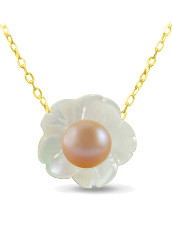 Vera Perla 18K Solid Yellow Gold Pendant Necklace for Women, with Mother of Pearl Shell and 4mm Pearl Stones, White/Beige