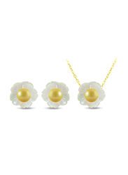 Vera Perla 2-Pieces 18K Solid Yellow Gold Jewellery Set for Women, with Necklace and Earrings, with Mother of Pearl Shell and 4mm Pearl Stones, White/Yellow