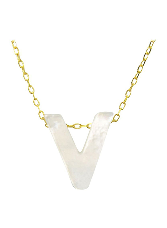 Vera Perla 18K Gold V Letter Pendant Necklace for Women, with Mother of Pearl Stone, White/Gold