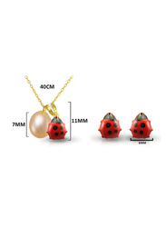 Vera Perla 2-Pieces 18K Solid Gold Necklace for Women, with Earrings, with 7mm Pearl Beetle, Gold/Beige/Red
