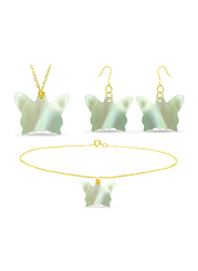 Vera Perla 3-Pieces 18K Gold Pendant Necklace Set for Women, with Chain Bracelet and Earrings, with Butterfly Shape Mother of Pearl Stone, Green