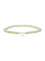 Vera Perla Elastic Stretch Bracelet for Women, with Letter W Mother of Pearl and Pearl Stone, White