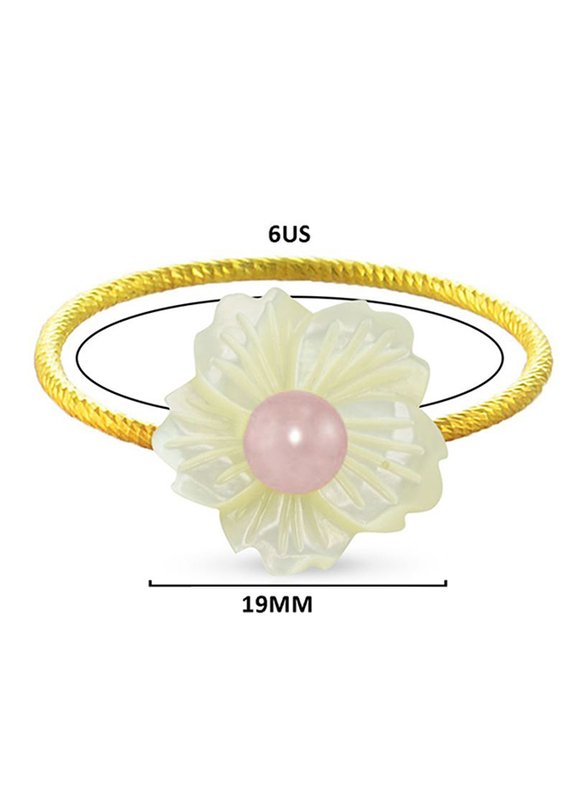 Vera Perla 18k Solid Yellow Gold Fashion Ring for Women, with 19mm Flower Shape Mother of Pearl and 6-7mm Pearl Stone, White/Gold/Pink, US 6
