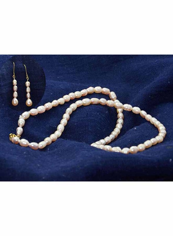 Vera Perla 2-Pieces 10K Gold Strand Jewellery Set for Women, with Necklace and Earrings, with Pearl Stones, Rose Gold