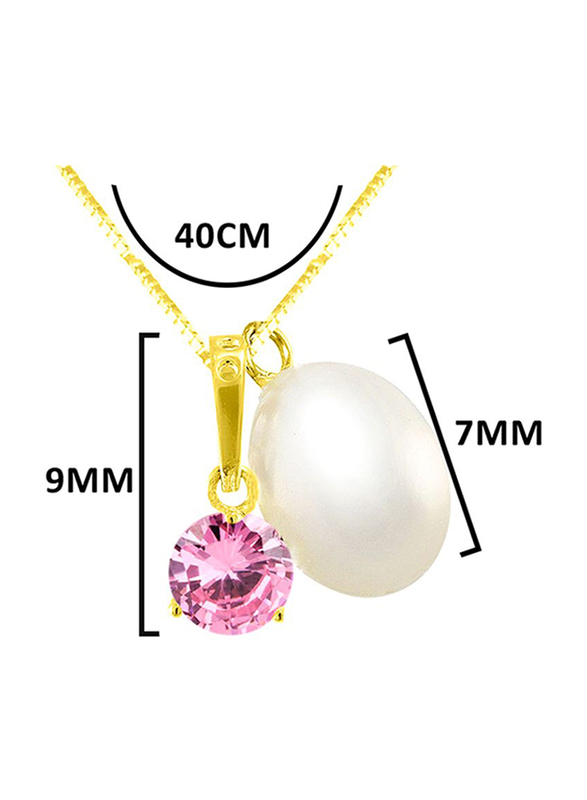 Vera Perla 18K Solid Yellow Gold Necklace for Women, with Zircon and 7 mm Pearl Stone Pendant, Light Pink/Gold/White