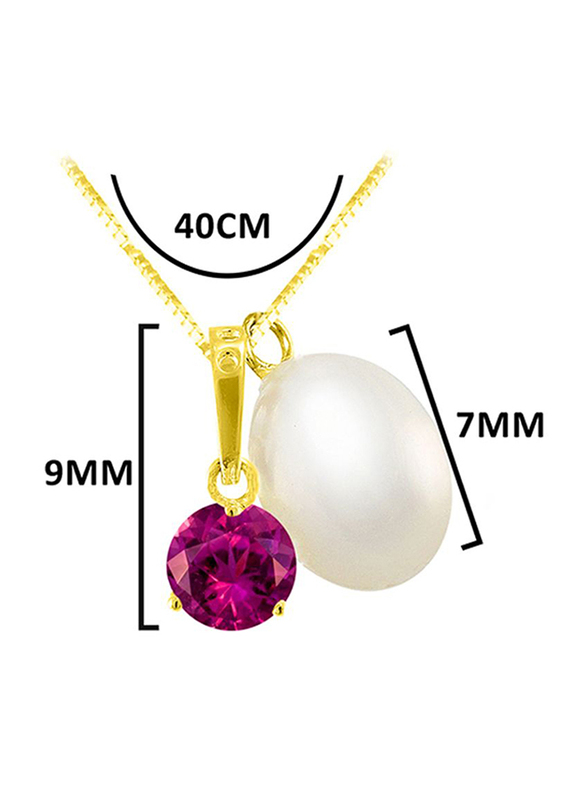 Vera Perla 18K Solid Yellow Gold Necklace for Women, with Zircon and 7 mm Pearl Stone Pendant, Purple/Gold/White