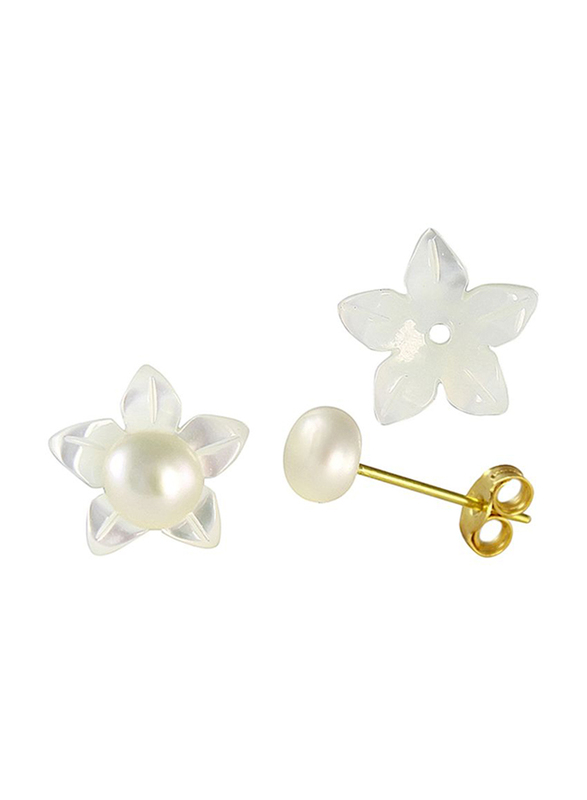 Vera Perla 18K Yellow Gold Ball Earrings for Women, with Pearl Stone Flower Shape Shell, Gold/White