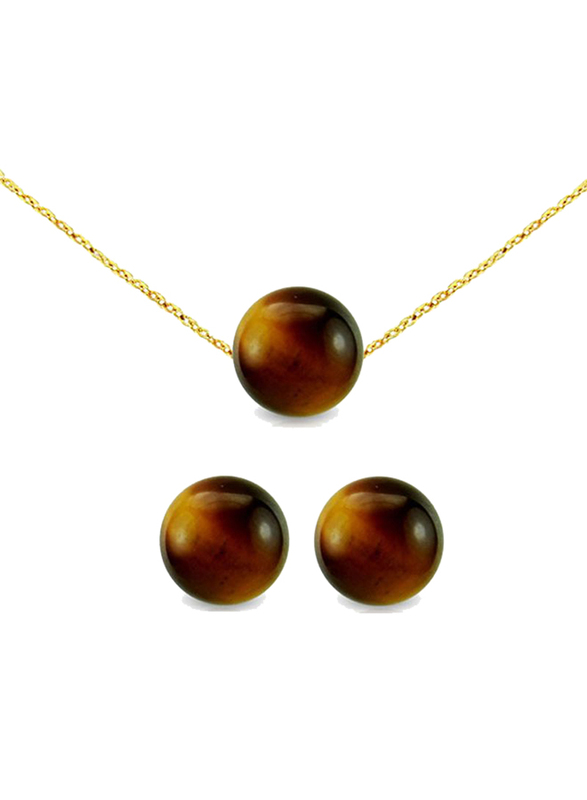 Vera Perla 2-Pieces 18K Gold Jewellery Set for Women, with Necklace & Earring, with Tiger Eye Stone, Brown/Gold