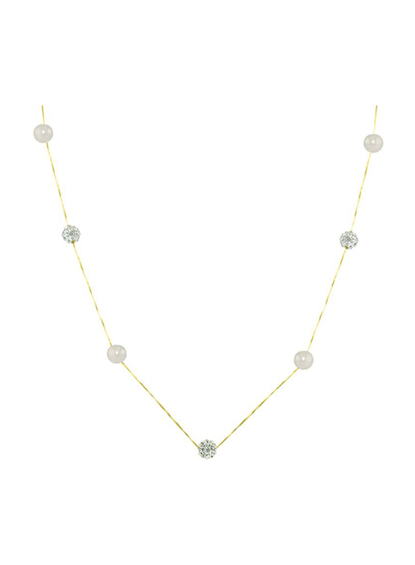 Vera Perla 18K Solid Yellow Gold Simple Chain Necklace for Women, with 5-6mm Pearls and Crystal Balls, Gold/White/Silver