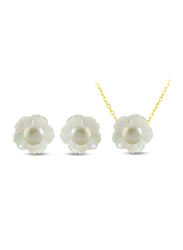 Vera Perla 2-Pieces 18K Solid Yellow Gold Jewellery Set for Women, with Necklace and Earrings, with Mother of Pearl Shell and 4mm Pearl Stones, White/Gold