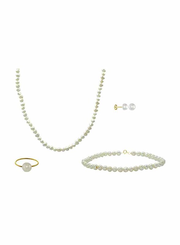 Vera Perla 4-Pieces 18K Solid Gold Jewellery Set for Women, with Necklace, Bracelet, Earrings and Ring, with Pearl Stones, White
