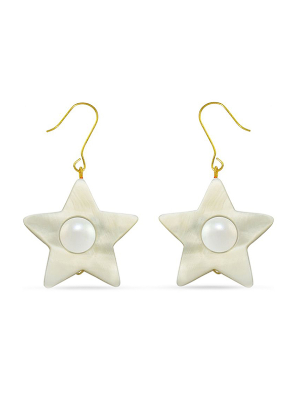 Vera Perla 18K Solid Yellow Gold Simple Dangle Earrings for Women, with Star Shape Mother of Pearl and 6-7mm Pearl Stone, White/Gold