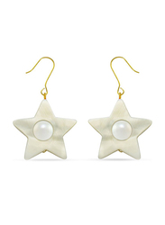 Vera Perla 18K Solid Yellow Gold Simple Dangle Earrings for Women, with Star Shape Mother of Pearl and 6-7mm Pearl Stone, White/Gold