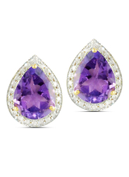 Vera Perla 18K Gold Stud Earrings for Women, with 0.24 ct Genuine Diamond and Drop Cut Amethyst Stone, Purple/Clear