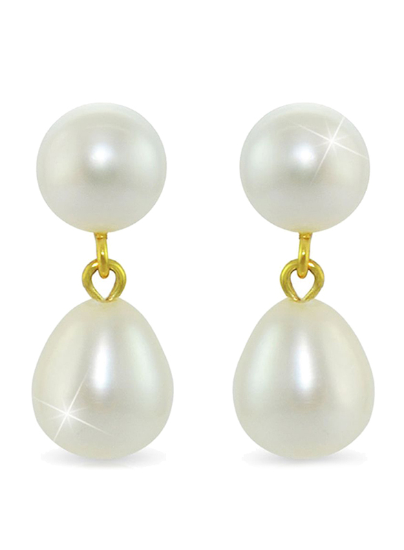 Vera Perla 18K Yellow Gold Dangle Earrings for Women, with 7mm Genuine Pearl Stone, White/Gold