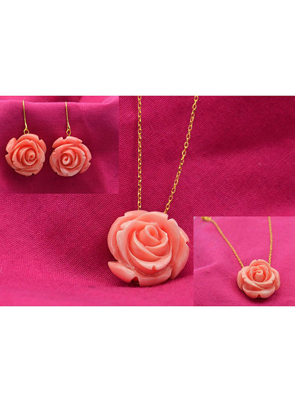 Vera Perla 3-Pieces 18K Solid Yellow Gold Chain Necklace for Women, with Earrings and Chain Bracelet, with Rose Carved, Pink/Gold