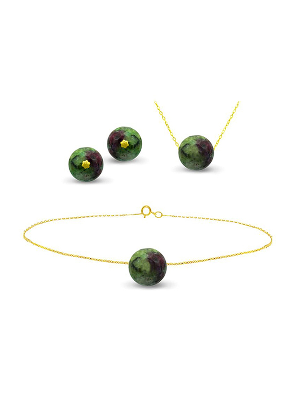 Vera Perla 3-Pieces 18K Solid Yellow Gold Pendant Necklace for Women, with Earrings and Chain Bracelet, with Ruby Zoisite Stone, Green/Gold