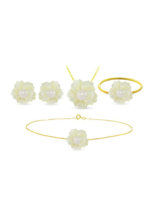 Vera Perla 4-Pieces 18K Solid Yellow Gold Pendant Necklace, Bracelet, Ring and Earrings Set for Women, with 19mm Flower Shape Mother of Pearl and 6-7mm Pearl, White/Gold