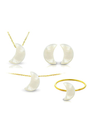 Vera Perla 4-Pieces 18K Gold Jewellery Set for Women, with Necklace, Earrings, Bracelet and Ring, with Crescent Shape Mother of Pearl Stone, White/Gold