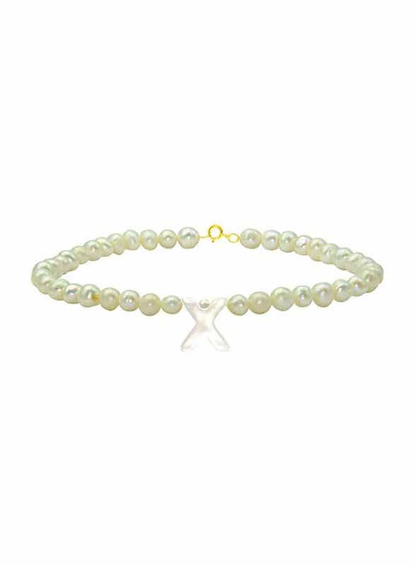 Vera Perla 18K Gold Strand Beaded Bracelet for Women, with Letter X Mother of Pearl and Pearl Stone, White