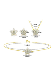 Vera Perla 4-Pieces 18k Solid Yellow Gold Jewellery Set for Women, with 13mm Mother of Pearl Flower Shape and 7mm Pearl, White