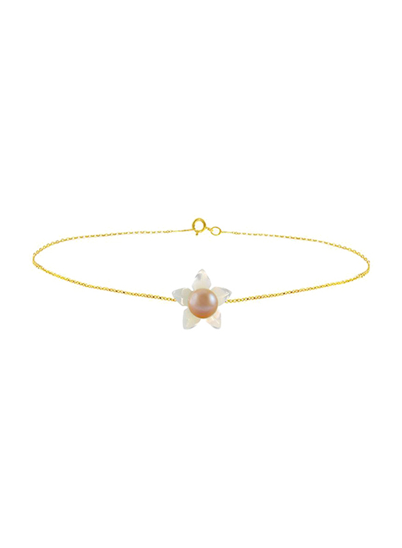 Vera Perla 18 Karat Solid Yellow Gold Chain Bracelet for Women, with 10mm Mother of Pearl Flower Shape and 4mm Pearl, Gold/Rose Gold