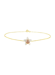 Vera Perla 18 Karat Solid Yellow Gold Chain Bracelet for Women, with 10mm Mother of Pearl Flower Shape and 4mm Pearl, Gold/Rose Gold