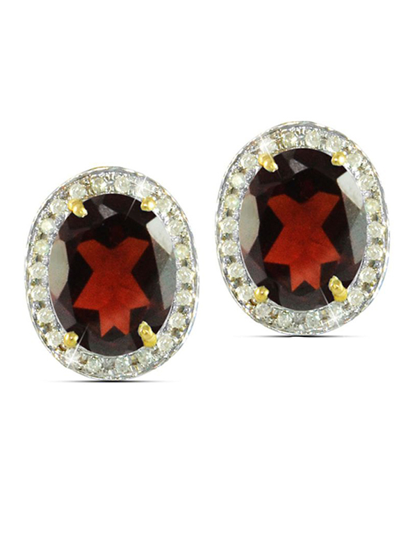 Vera Perla 18K Gold Stud Earrings for Women, with 0.24 ct Diamonds and Oval Cut Garnet Stone, Red