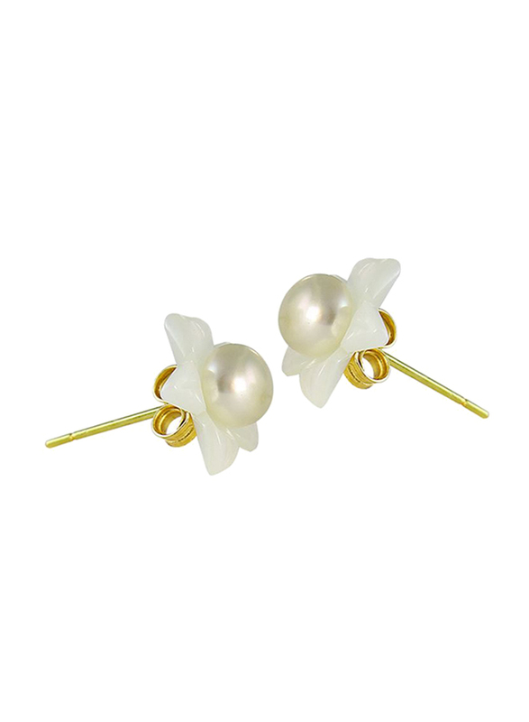 Vera Perla 18K Yellow Gold Ball Earrings for Women, with Pearl Stone Flower Shape Shell, Gold/White