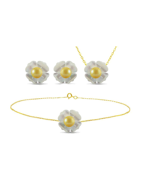 Vera Perla 3-Pieces 18K Solid Yellow Gold Jewellery Set for Women, with Necklace, Bracelet and Earrings, with 13mm Mother of Pearl Flower Shape, with 4 mm Pearl Stones, Gold/Jade/Yellow