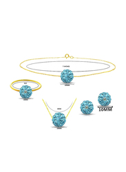 Vera Perla 4-Pieces 10K Solid Gold Earring, Bracelet, Ring and Necklace Set for Women, with 10 mm Crystal Ball, Blue/Gold