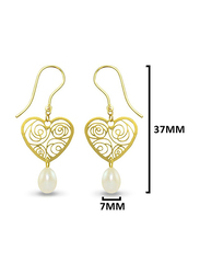 Vera Perla 18K Solid Yellow Gold Heart Dangle Earrings for Women, with 7mm Drop Pearl Stone, White/Gold