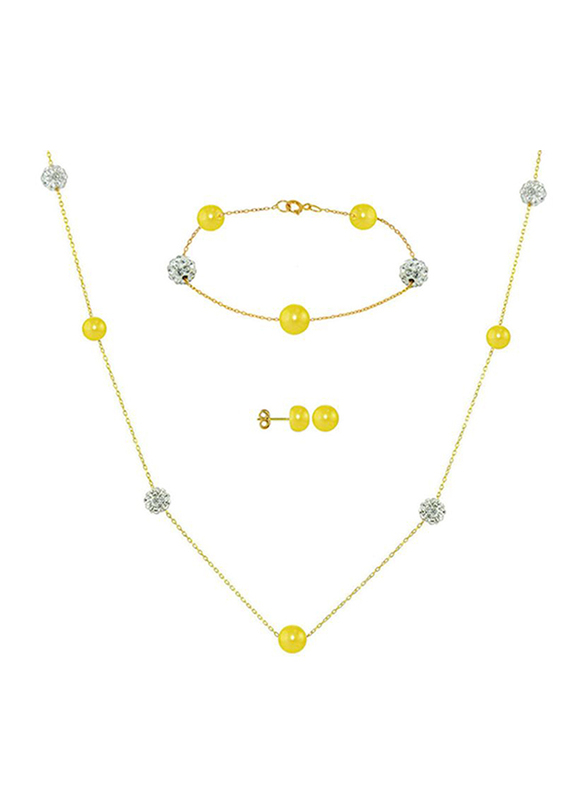 Vera Perla 3-Pieces 18K Solid Gold Jewellery Set for Women, with Necklace, Bracelet and Earrings, with Built-in Gradual Pearls Stone and Crystal Ball, Yellow/Clear
