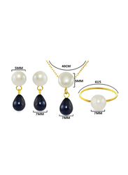 Vera Perla 4-Pieces 18k Yellow Gold Jewellery Set for Women, with Button Pearl Drop, Black/White