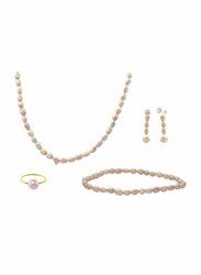 Vera Perla 4-Pieces 10K Gold Jewellery Set for Women, with Necklace, Bracelet, Ring and Earrings, with Pearl Stones, Rose Gold/Pink