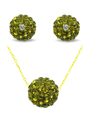 Vera Perla 2-Pieces 10K Solid Gold Jewellery Set for Women, with Necklace and Earrings, with 10 mm Crystal Ball, Light Green/Gold