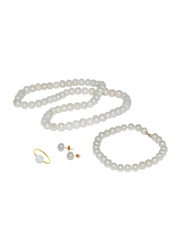 Vera Perla 4-Pieces 18K Gold Strand Jewellery Set for Women, with Pearls Stone, Necklace, Bracelet, Earrings and Ring, White