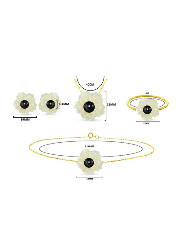 Vera Perla 4-Pieces 18K Solid Yellow Gold Pendant Necklace, Bracelet, Ring and Earrings Set for Women, with 19mm Flower Shape Mother of Pearl and 6-7mm Pearl, White/Gold/Black