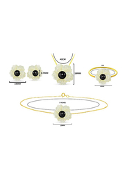 Vera Perla 4-Pieces 18K Solid Yellow Gold Pendant Necklace, Bracelet, Ring and Earrings Set for Women, with 19mm Flower Shape Mother of Pearl and 6-7mm Pearl, White/Gold/Black