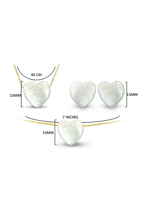 Vera Perla 3-Pieces 18K Gold Jewellery Set for Women, with Necklace, Earrings and Bracelet, with Heart Shape Mother of Pearl Stone, White/Gold