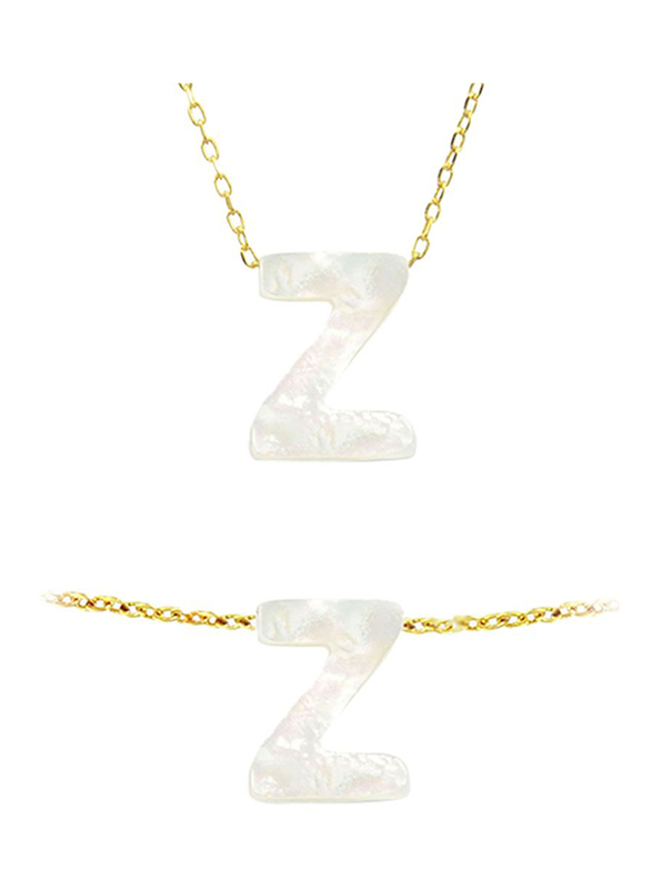 Vera Perla 2-Pieces 18K Gold Jewellery Set for Women, with Necklace and Bracelet, with Z Letter Shape Mother of Pearl Stone, White/Gold