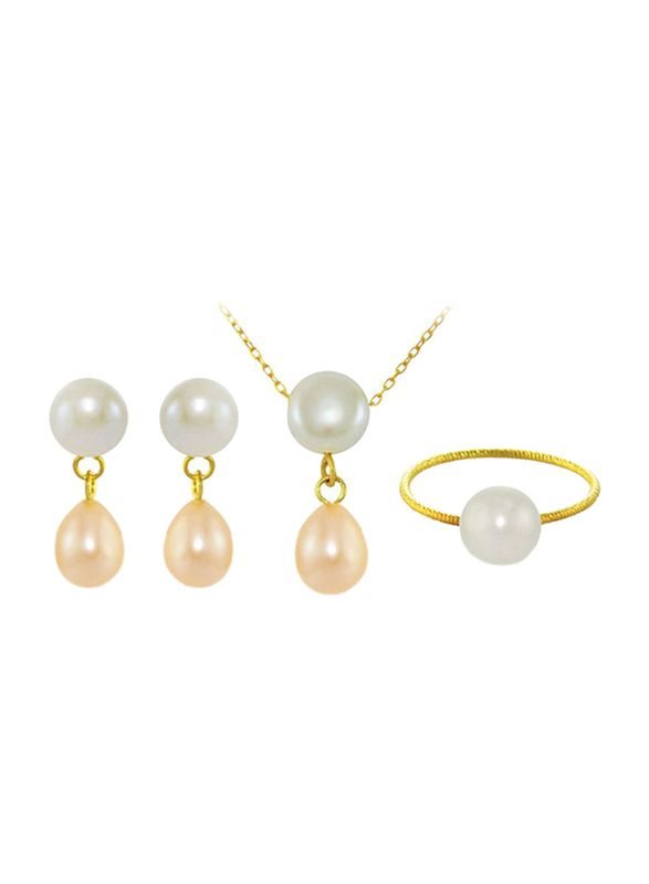 Vera Perla 4-Pieces 18k Yellow Gold Drop Jewellery Set for Women, with Pearl, White/Beige