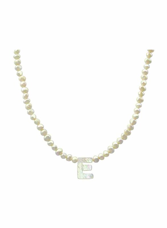 Vera Perla 10K Gold Strand Pendant Necklace for Women, with Letter E and Pearl Stones, White