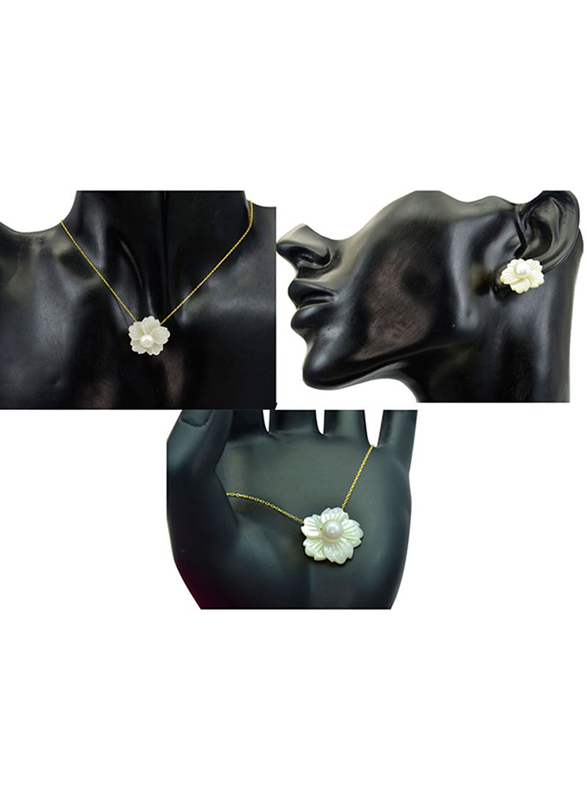 Vera Perla 3-Pieces 18K Solid Yellow Gold Pendant Necklace, Bracelet and Earrings Set for Women, with 19mm Flower Shape Mother of Pearl and 6-7mm Pearl, White/Gold