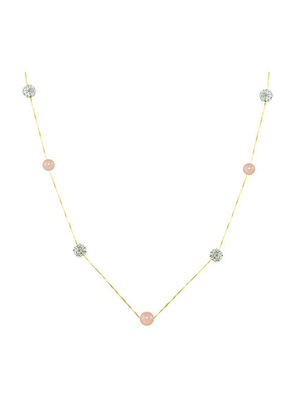 Vera Perla 18K Solid Yellow Gold Simple Chain Necklace for Women, with 5-6mm Crystal Balls and Pearls, Gold/Pink/Clear