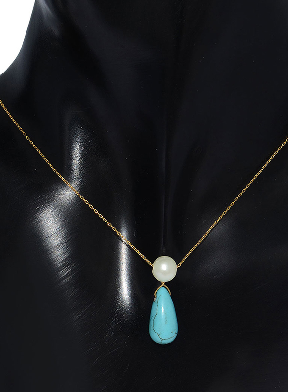 Vera Perla 10K Gold Necklace for Women, with Pearl and Turquoise Stone Pendant, Blue/White